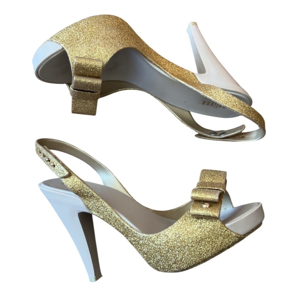 Melissa Gold Glitter Sparkly Bow Peep Toe Heels w adjustable ankle strap‎ size 6
